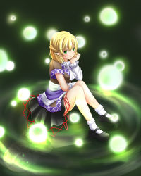 Rule 34 | 1girl, arm warmers, black footwear, black skirt, blonde hair, blush, brown shirt, closed mouth, commentary request, frown, full body, glowing, glowing eyes, green eyes, half updo, highres, knees together feet apart, looking at viewer, mary janes, medium hair, mitsuki (shuffle971), mizuhashi parsee, on floor, pointy ears, reflection, reflective floor, sash, scarf, shirt, shoes, short sleeves, sitting, skirt, socks, solo, touhou, white sash, white scarf, white socks