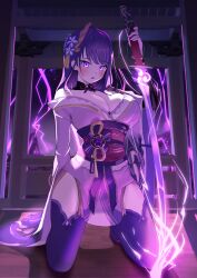 Rule 34 | 1girl, absurdres, blush, breasts, cleavage, commentary request, domodomo0708, genshin impact, highres, holding, holding sword, holding weapon, japanese clothes, katana, kimono, kneeling, large breasts, long hair, long sleeves, looking at viewer, musou isshin (genshin impact), obi, parted lips, purple eyes, purple hair, purple kimono, raiden shogun, red sash, sash, solo, sword, thighhighs, weapon