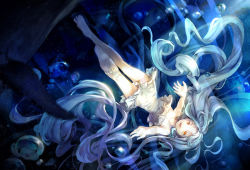 Rule 34 | 1girl, absurdly long hair, album cover, bare shoulders, barefoot, blue background, brown eyes, bubble, copyright request, cover, dress, flat chest, full body, gabuccc, highres, long hair, ocean, original, outstretched arm, silver hair, solo, underwater, upside-down, very long hair, whale, white dress
