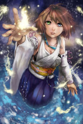 Rule 34 | 00s, 10s, 1girl, 2014, arm up, blue eyes, blue hakama, blue skirt, brown hair, detached sleeves, expressionless, final fantasy, final fantasy x, from above, green eyes, hakama, hakama skirt, heterochromia, highres, japanese clothes, jewelry, lips, long skirt, looking at viewer, looking up, necklace, obi, outstretched arm, parted lips, partially submerged, pleated skirt, robert knight, sash, short hair, skirt, solo, standing, tassel, teeth, wading, water, yuna, yuna (ff10)