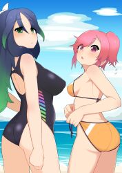 Rule 34 | 2girls, adjusting clothes, adjusting swimsuit, alternate costume, bare legs, bare shoulders, beach, bikini, black hair, black one-piece swimsuit, blush, bow, competition swimsuit, cowboy shot, green eyes, green hair, hair bow, highres, illu (illu stratos), kako (kemono friends), kemono friends, long hair, looking at viewer, looking back, multicolored hair, multiple girls, nana (kemono friends), ocean, one-piece swimsuit, orange bikini, pink eyes, short hair, side ponytail, sleeveless, swimsuit