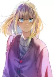 Rule 34 | 1girl, absurdres, ahoge, blonde hair, blue eyes, closed mouth, ham se-eun, heart (symbol), highres, long hair, looking at viewer, pink sweater, serious, shirt, simple background, solo, surviving romance, sweater, very long hair, white background, white shirt
