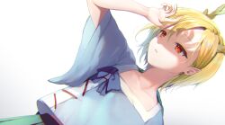 Rule 34 | 1girl, absurdres, antlers, arm up, blonde hair, bloom, blue shirt, collarbone, dragon horns, flat chest, highres, horns, kicchou yachie, nnyara, parted lips, red eyes, shirt, short hair, short sleeves, sidelighting, simple background, solo, touhou, white background