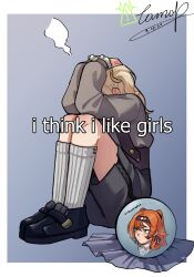 2girls artist_name blonde_hair blush checkered_hairband commentary crystal_ball dated embarrassed english_commentary english_text highres matilda_bouanich multiple_girls orange_hair reverse:1999 shoes signature socks sonetto_(reverse:1999) tamap white_socks yuri