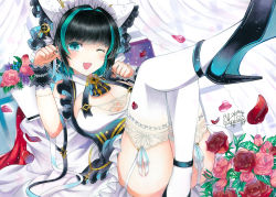 Rule 34 | 1girl, aqua eyes, aqua hair, azur lane, black hair, blunt bangs, blush, breasts, cheshire (azur lane), curtains, flower, high heels, highres, large breasts, looking at viewer, mixed-language commentary, multicolored hair, one eye closed, open mouth, petals, pink flower, pink rose, reclining, red flower, red rose, rose, short hair, signature, solo, thighhighs, traditional media, two-tone hair, whipberry, white thighhighs, window