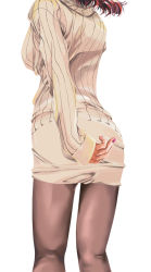 Rule 34 | 1girl, arm behind back, back, black pantyhose, breasts, dress, from behind, head out of frame, long sleeves, medium breasts, nail polish, original, pantyhose, purple nails, ribbed sweater, simple background, sleeves past wrists, solo, sweater, sweater dress, teraoka kenji, white background