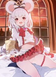 Rule 34 | 1girl, animal ears, blush, bow, brooch, clothes lift, crop top, fake animal ears, frilled skirt, frills, granblue fantasy, hair ornament, hairclip, heart, heart brooch, highres, indoors, jewelry, lifted by self, long sleeves, looking at viewer, mouse ears, navel, no panties, open mouth, pleated skirt, red eyes, red skirt, sailor collar, sawayaka samehada, seiza, shirt, short hair, sitting, skirt, skirt lift, smile, solo, thigh strap, two-tone skirt, vikala (granblue fantasy), white hair, white sailor collar, white skirt, wide sleeves, window