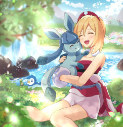 Rule 34 | 1girl, :d, beautifly, blonde hair, blurry, blush, budew, cloud, collar, collarbone, commentary request, creatures (company), day, game freak, gen 3 pokemon, gen 4 pokemon, glaceon, grass, happy, haru (haruxxe), highres, holding, holding pokemon, irida (pokemon), jewelry, lens flare, neck ring, nintendo, open mouth, outdoors, piplup, pokemon, pokemon (creature), pokemon legends: arceus, red shirt, rock, sash, shirt, shorts, sitting, sky, smile, strapless, strapless shirt, teeth, tongue, upper teeth only, water, waterfall, white shorts