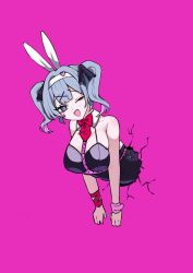 Rule 34 | 1girl, hatsune miku, highres, leotard, one eye closed, pink background, playboy bunny, pure pure (rabbit hole), rabbit hole (vocaloid), solo, stuck, through wall, vocaloid