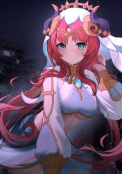 Rule 34 | 1girl, absurdres, aqua eyes, artist name, black background, blue skirt, blush, breasts, brooch, building, circlet, closed mouth, clothing cutout, crop top, floating hair, genshin impact, gold trim, hand in own hair, hand up, harem outfit, highres, hnbsgy, horns, jewelry, leaning forward, long hair, long sleeves, looking at viewer, medium breasts, neck ring, nilou (genshin impact), puffy long sleeves, puffy sleeves, red hair, resolution mismatch, sidelocks, skirt, smile, solo, source smaller, twintails, underboob, veil