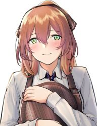 Rule 34 | 1girl, 3 small spiders, apron, blush, breasts, brown apron, brown hair, closed mouth, collarbone, collared shirt, commentary, from above, girls&#039; frontline, green eyes, hair between eyes, hair ribbon, hair rings, high ponytail, highres, holding, holding tray, large breasts, long hair, looking at viewer, ponytail, ribbon, shirt, sidelocks, sidelocks tied back, simple background, solo, springfield (girls&#039; frontline), tray, upper body, white background, white shirt