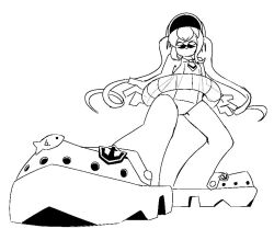Rule 34 | 1girl, :&gt;, anchor symbol, anson (azur lane), azur lane, commentary, crocs, english commentary, facial hair, greyscale, hat, innertube, jaggy lines, large shoes, long hair, looking at viewer, monochrome, mustache, one-piece swimsuit, perspective, shoes, simple background, sirhoopsalot, sketch, smile, solo, standing, swim ring, swimsuit, twintails, very long hair