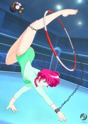 1boy 1girl absurdres animal ass blue_eyes braid chain genderswap genderswap_(mtf) green_leotard highres hiniki_ryouga jewelry leotard p-chan pig ranma-chan ranma_1/2 red_hair ring saotome_ranma single_braid