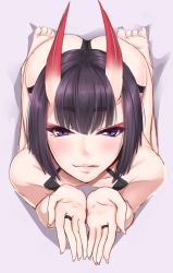 Rule 34 | 1girl, :q, akitsuki karasu, ass, barefoot, blunt bangs, blush, closed mouth, collarbone, cupping hands, eyeshadow, fate/grand order, fate (series), fingernails, from above, full body, half-closed eyes, horns, jewelry, kneeling, leaning forward, licking lips, lips, long fingernails, looking at viewer, looking up, makeup, oni, own hands together, palms, purple eyes, purple hair, ring, seiza, short hair, shuten douji (fate), sitting, skin-covered horns, solo, thick eyebrows, tongue, tongue out, tsurime