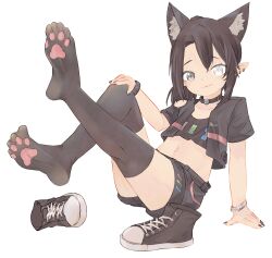 Rule 34 | 1girl, animal ears, black eyes, black hair, black shorts, black tank top, black thighhighs, bracelet, cat ears, cat girl, chaosexceed, clothing cutout, collar, commission, crop top, cropped jacket, feet, flat chest, full body, heterochromia, hunewearl, jacket, jewelry, legs, midriff, navel, no shoes, open clothes, open jacket, paw print, paw print soles, phantasy star, pixiv commission, pointy ears, shoes, unworn shoes, short shorts, short sleeves, shorts, shoulder cutout, single bare shoulder, smile, soles, spread toes, stomach, tank top, thighhighs, toes, white eyes