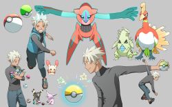 Rule 34 | 1boy, alternate costume, closed mouth, commentary request, creatures (company), deoxys, deoxys (normal), espeon, game freak, gen 2 pokemon, gen 3 pokemon, great ball, grey background, grey hair, grey shirt, grin, highres, ho-oh, holding, holding poke ball, jacket, legendary pokemon, male focus, master ball, multiple views, mythical pokemon, nest ball, net ball, nintendo, orange eyes, outstretched arm, parted bangs, plusle, poke ball, pokemon, pokemon (creature), pokemon colosseum, premier ball, shirt, shoes, short hair, simple background, sleeveless, sleeveless jacket, smile, sneakers, spiked hair, standing, star (symbol), sweatdrop, teeth, timer ball, tyranitar, umbreon, wes (pokemon)