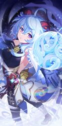 Rule 34 | 1girl, ahoge, bare shoulders, bell, black pantyhose, blue gloves, blue hair, breasts, chinese knot, detached sleeves, flower knot, from side, ganyu (genshin impact), genshin impact, gloves, gold trim, highres, horns, long hair, looking at viewer, magic, medium breasts, mel lumi, neck bell, open mouth, orb, pantyhose, purple eyes, sideboob, sidelocks, solo, thighlet, vision (genshin impact), waist cape, white sleeves, wind