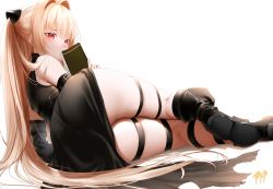 Rule 34 | 1girl, arm support, ass, black dress, black footwear, blonde hair, blush, book, boots, detached sleeves, dress, from behind, hair intakes, highres, holding, holding book, knee boots, konjiki no yami, long hair, long sleeves, looking at viewer, looking back, lying, on side, open book, ponytail, red eyes, shoe soles, signature, simple background, skindentation, solo, thigh strap, to love-ru, to love-ru darkness, very long hair, white background, zasshu