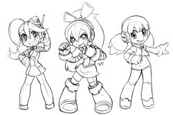 Rule 34 | 3girls, boots, call (mighty no. 9), call e, call f, call h, clenched hands, detached sleeves, flat chest, fringe trim, garrison cap, gloves, grin, hat, headphones, headset, heilos, joints, knee boots, lineart, md5 mismatch, mighty no. 9, monochrome, multiple girls, multiple persona, necktie, ponytail, robot ears, robot joints, side ponytail, sketch, smile, twintails