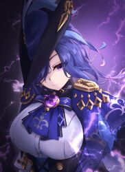 Rule 34 | 1girl, ascot, blue ascot, breasts, capelet, clorinde (genshin impact), corset, genshin impact, hat, highres, large breasts, looking at viewer, purple capelet, purple eyes, purple hair, scorpio z1112, short hair, smile, solo, tricorne, upper body