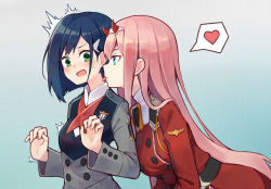 Rule 34 | 10s, 2girls, belt, blue eyes, blue hair, blush, darling in the franxx, dianche miao (18826), green eyes, hair ornament, hairband, hairclip, heart, highres, horns, ichigo (darling in the franxx), licking, licking another&#039;s neck, long hair, looking at another, medal, military, military uniform, multiple girls, open mouth, pink hair, saliva, saliva trail, short hair, spoken heart, surprised, sweatdrop, tongue, tongue out, uniform, very long hair, wavy mouth, yuri, zero two (darling in the franxx)