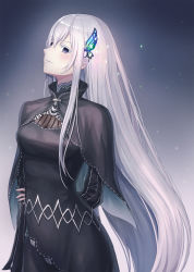 Rule 34 | 1girl, arm behind back, black capelet, black dress, breasts, butterfly hair ornament, capelet, closed mouth, colored eyelashes, commentary request, dress, echidna (re:zero), grey background, grey hair, hair between eyes, hair ornament, highres, light smile, long hair, looking at viewer, medium breasts, purple eyes, re:zero kara hajimeru isekai seikatsu, resolution mismatch, revision, seungju lee, solo, source larger, standing, star (symbol), very long hair