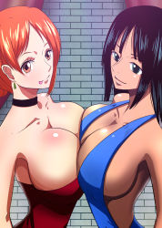 Rule 34 | 2girls, :p, absurdres, armpits, bare shoulders, black eyes, black hair, blue dress, breast press, breasts, choker, cleavage, closed mouth, dress, earrings, female focus, folded ponytail, highres, huge breasts, jewelry, long hair, looking at viewer, multiple girls, nami (one piece), nico robin, one piece, orange eyes, orange hair, qdoujin (pixiv44648813), red dress, simple background, smile, standing, strapless, strapless dress, symmetrical docking, tile wall, tiles, tongue, tongue out, upper body