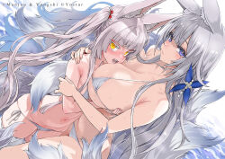 2girls animal_ears asanagi asanagi_(azur_lane) azur_lane bare_shoulders bikini blue_eyes blush breasts cleavage collarbone fox_ears fox_tail grabbing_another&#039;s_breast grey_hair groping hair_ornament large_breasts long_hair looking_at_viewer micro_bikini multiple_girls navel open_mouth shinano_(azur_lane) small_breasts swimsuit tail thighs twintails white_bikini yellow_eyes