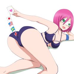 Rule 34 | 10s, 1girl, american flag, anal, anal object insertion, armband, ass, breasts, commentary request, flags of all nations, gobanme no mayoi neko, highres, japanese flag, keijo!!!!!!!!, mask, muromachi hikari, object insertion, open mouth, pink hair, short hair, solo, string of flags, swimsuit, union jack, white background