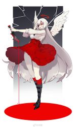 Rule 34 | 1girl, absurdres, angel wings, belt boots, belt buckle, blood, blood in hair, bloody knife, boots, broken, broken glass, broken weapon, buckle, buttons, cold weather, crack, dress, eyepatch, flower, glass, halo, high heels, highres, holding, holding knife, holding weapon, knife, long hair, original, pool of blood, red dress, red eyes, red lips, red thighhighs, rose, solo, standing, thighhighs, thorns, weapon, white hair, wings