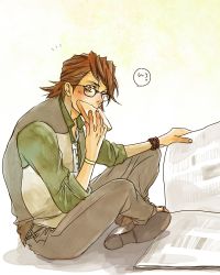 Rule 34 | 10s, 1boy, bespectacled, bracelet, bread, brown eyes, brown hair, eating, facial hair, food, glasses, indian style, jewelry, kaburagi t. kotetsu, kocho2012, male focus, necktie, reading, sitting, solo, stubble, tiger &amp; bunny, vest, waistcoat, watch, wristwatch