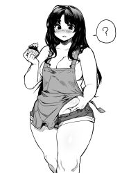 Rule 34 | 1girl, ?, apron, bare shoulders, belly grab, blush, breasts, cleavage, collarbone, cowboy shot, cupcake, food, fukumaaya, greyscale, hair over breasts, hair over shoulder, highres, holding, holding food, large breasts, long hair, looking at viewer, monochrome, open mouth, parted bangs, parted hair, plump, short shorts, shorts, solo, speech bubble, standing, tareme, thick arms, thick thighs, thighs, very long hair, weight conscious, white background