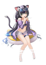 Rule 34 | 1girl, :d, absurdres, animal ear fluff, animal ears, bare legs, bare shoulders, bikini, black bikini, black hair, bow, cat girl, commentary, eyewear on head, fangs, green eyes, hair bow, highres, jacket, karyl (princess connect!), karyl (summer) (princess connect!), long hair, long sleeves, multicolored hair, navel, open mouth, princess connect!, red bow, ruzuna, short shorts, shorts, sidelocks, sitting, smile, solo, stomach, streaked hair, sunglasses, swimsuit, tail, thigh strap, twintails, water, white hair, white shorts