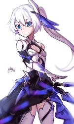 Rule 34 | 1girl, absurdres, bare shoulders, blue eyes, blurry, blurry foreground, breasts, closed mouth, cutescookie, dated, depth of field, gloves, hair between eyes, hair intakes, highres, honkai (series), honkai impact 3rd, long hair, ponytail, signature, simple background, small breasts, solo, theresa apocalypse, thighhighs, very long hair, white background, white gloves, white hair, white thighhighs