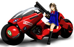 Rule 34 | 1girl, akira (manga), character request, female focus, gun, motor vehicle, motorcycle, parody, school uniform, sitting, solo, vehicle, weapon, white background