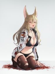 Rule 34 | 1girl, animal ears, bell, bikini, black bikini, blonde hair, blood, blood stain, breasts, brown thighhighs, choker, cleavage, fox ears, hair between eyes, halterneck, highres, jacket, jchoy, jingle bell, kneeling, large breasts, long hair, long sleeves, looking at viewer, navel, no shoes, open clothes, open jacket, open mouth, original, solo, stomach, strap gap, string bikini, swimsuit, thighhighs, tongue, tongue out, torn clothes, torn thighhighs, white choker, white jacket, yellow eyes