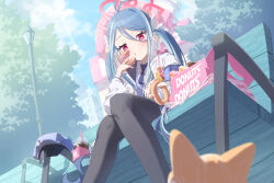 Rule 34 | 1girl, antenna hair, applepie (12711019), armband, black pantyhose, blue archive, blue armband, blue hair, blue necktie, blue vest, closed mouth, collared shirt, commentary, dog, doughnut, drink, feet out of frame, food, from below, fubuki (blue archive), hair between eyes, hair ornament, hair ribbon, halo, hat, heart, heart hair ornament, highres, jacket, knees together feet apart, long hair, multicolored hair, necktie, on bench, outdoors, pantyhose, pastry box, peaked cap, pink eyes, pink halo, police, police badge, police hat, police uniform, ribbon, shirt, sitting, smile, solo, streaked hair, swept bangs, twintails, uniform, vest, walkie-talkie, white jacket, white ribbon, white shirt