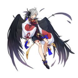 Rule 34 | absurdres, ahoge, arknights, black feathers, black wings, feathers, grey hair, hair over one eye, highres, lan zhu gu, long sleeves, looking at viewer, one eye covered, red ribbon, ribbon, short hair, simple background, solo, tachi-e, white background, wide sleeves, wings, yellow eyes