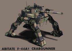 Rule 34 | abitate f44a crab gunner, blackmore rainbow, brown background, camouflage, character name, gun, highres, mecha, no humans, non-humanoid robot, robot, shadow, standing, taiyou no kiba dougram, weapon