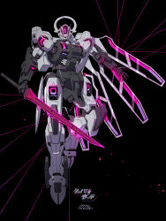 Rule 34 | artist name, black background, commentary request, full body, gundam, gundam schwarzette, gundam suisei no majo, gyoubu ippei, highres, holding, holding sword, holding weapon, looking at viewer, mecha, mecha focus, mobile suit, no humans, open hand, outstretched arm, purple eyes, robot, science fiction, solo, sword, weapon
