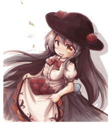 Rule 34 | 1girl, apple, apron, back bow, black hat, blue bow, blue hair, blue skirt, bow, bowtie, center frills, commentary request, cowboy shot, food, frills, fruit, hat, hinanawi tenshi, kouba, long hair, looking at viewer, musical note, open mouth, puffy short sleeves, puffy sleeves, red bow, red bowtie, red eyes, shirt, short sleeves, simple background, skirt, skirt basket, solo, touhou, waist apron, white apron, white background, white shirt