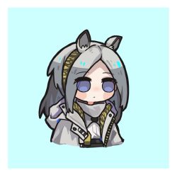 Rule 34 | 1girl, animal ear fluff, animal ears, arknights, blue background, blue eyes, blush stickers, chibi, closed mouth, cropped torso, daoshi niang lan er, grey hair, grey jacket, heavyrain (arknights), highres, hood, hood down, hoodie, jacket, long hair, open clothes, open jacket, parted bangs, simple background, solo, upper body, white hoodie, zebra ears