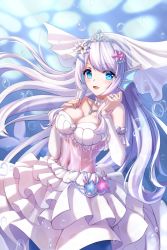 Rule 34 | 1girl, absurdres, blue eyes, breasts, bridal veil, bubble, cleavage, collarbone, covered navel, doris (hololive), dress, fins, floating hair, flower, hair flower, hair ornament, hand on own chest, head fins, highres, hololive, hololive china, jinse fu yaojing, long hair, medium breasts, mermaid, monster girl, open mouth, silver hair, smile, solo, starfish hair ornament, tiara, underwater, veil, virtual youtuber, wedding dress, white dress, white flower
