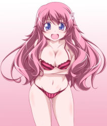 Rule 34 | 1girl, baka to test to shoukanjuu, blue eyes, blush, bra, breast hold, breasts, cleavage, cowboy shot, crossed arms, frown, gradient background, hair ornament, himeji mizuki, kikuchi tsutomu, lace, lace-trimmed bra, lace-trimmed panties, lace trim, large breasts, long hair, looking at viewer, navel, open mouth, panties, pink background, pink bra, pink hair, pink panties, rabbit hair ornament, skindentation, solo, standing, strap slip, string panties, striped bra, striped clothes, striped panties, sweat, underwear, underwear only, vertical-striped clothes, vertical-striped panties