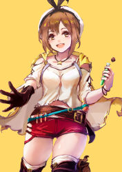 Rule 34 | 1girl, atelier (series), atelier ryza, atelier ryza 1, belt, blue belt, brown belt, brown eyes, brown gloves, brown hair, chinese commentary, commentary request, flask, gloves, hair ornament, hairclip, highres, jacket, jewelry, leather, leather belt, leather gloves, leng xiin, necklace, pouch, red shorts, reisalin stout, round-bottom flask, short shorts, shorts, single glove, sleeveless, sleeveless jacket, star (symbol), star necklace, thick thighs, thigh pouch, thighs, vial, white headwear, yellow background, yellow jacket