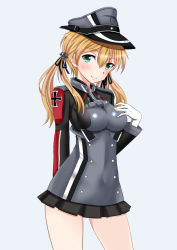 Rule 34 | 10s, 1girl, anchor hair ornament, black thighhighs, blonde hair, blue eyes, breasts, cross, gloves, hair ornament, hat, iron cross, jacket, k2 (hibiki09), kantai collection, long hair, long sleeves, microskirt, military, military uniform, peaked cap, prinz eugen (kancolle), skirt, smile, solo, thighhighs, twintails, uniform, white gloves