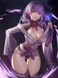 Rule 34 | 1girl, black panties, black thighhighs, breasts, bug, butterfly, butterfly on hand, cameltoe, cleavage, cowboy shot, dark background, genshin impact, glowing butterfly, hand on own hip, highres, insect, japanese clothes, kimono, kimono pull, large breasts, leaning forward, long hair, long sleeves, looking at viewer, no pants, off shoulder, panties, parted lips, purple eyes, purple hair, purple kimono, raiden shogun, sayanestia, shrug (clothing), solo, thigh gap, thighhighs, twitter username, underwear, wide sleeves