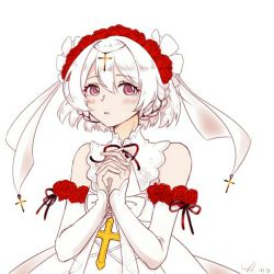 Rule 34 | 1girl, bare shoulders, braid, bridal veil, dress, flower, hair flower, hair ornament, honkai (series), honkai impact 3rd, open mouth, own hands together, praying, red eyes, red flower, red rose, rose, signature, simple background, sleeveless, sleeveless dress, solo, theresa apocalypse, theresa apocalypse (luna kindred), veil, wedding dress, white background, white dress, white hair, white sleeves