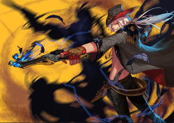 Rule 34 | 00s, 1boy, cigarette, coat, dual wielding, dungeon and fighter, fingerless gloves, gloves, green eyes, gun, gunner (dungeon and fighter), holding, long hair, male focus, ponytail, ranger (dungeon and fighter), smoking, solo, topless male, weapon, wind, wind lift, xiao qiang sang, yellow background