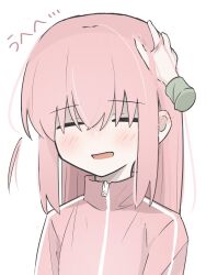 Rule 34 | 1girl, 1other, bocchi the rock!, closed eyes, gotoh hitori, gruppe, highres, jacket, light blush, petting, pink hair, pink track suit, smile, track suit